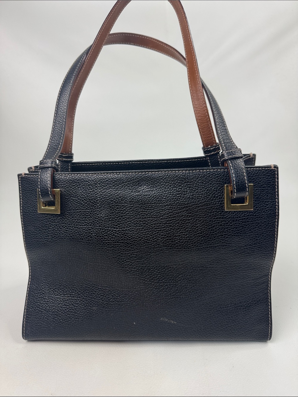kate spade Vintage Retro Black Shoulder Satchel Bag Brown Handles Gold accent